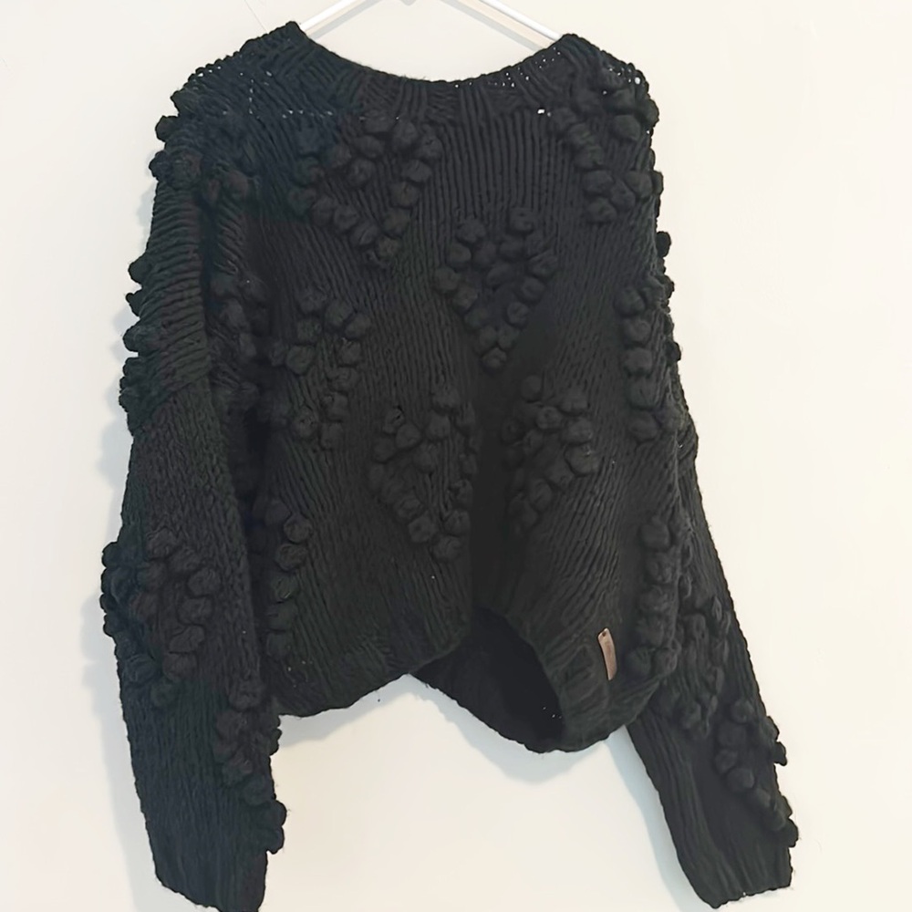HAND MADE Black Chunky Knit HEART pullover sweater women size 1XL